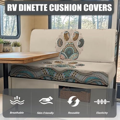 RV Dinette Cushion Covers Boho Mandala 2 Pcs Dog Paw Camper Cushion Slipcover Stretch Sofa Furniture Protector Include1 Backrest Cover and 1 Bench Cover - color: Boho Mandala Dog Paw