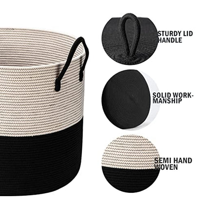 21" x 18"Extra Large storage baskets,Eco-friendly rope baskets with lid,blanket basket living room with lid,hampers for bedroom,big,round, Black 115L - color: White & Black