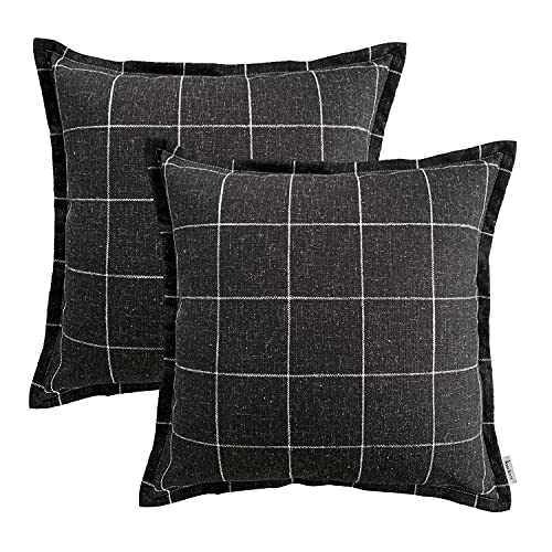Pure Linen Plaid Throw Pillow Covers 18x18, Set of 2, Black - color: Black, size: 18x18inch