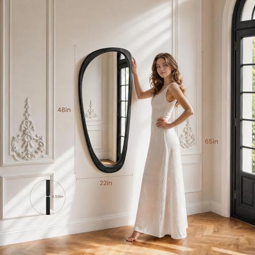 48" x 22" Asymmetrical Mirror, Solid Wood Frame, Irregular Design - color: Black, size: 48"L x 22"W