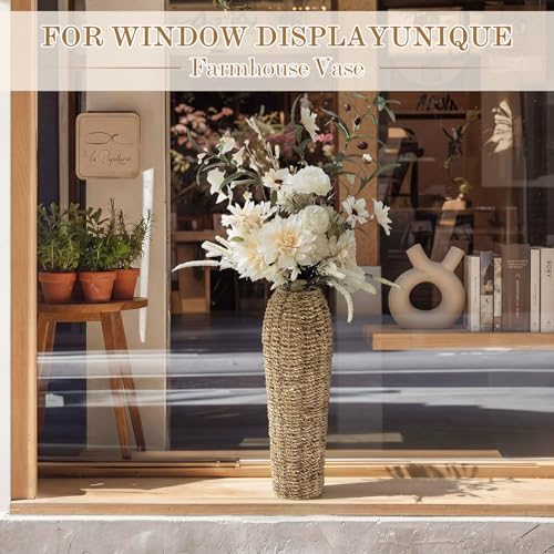 Ninehaou 16.5" Tall Rattan Floor Vase for Dried Flowers Boho Home Decor