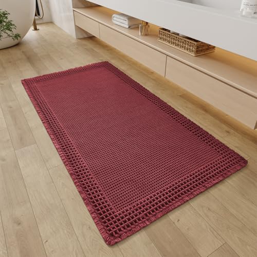 RESARE Waffle Bathroom Runner Rugs, Non Slip Boho Bath Mat 24"x48" Dark Red | Long Absorbent Bathroom Floor Mats Machine Washable Quick Dry, Soft Solid 2'x4' Bath Rugs with Tassels, Ideal Farmhouse Decor - color: Dark Red, size: 2' X 4'