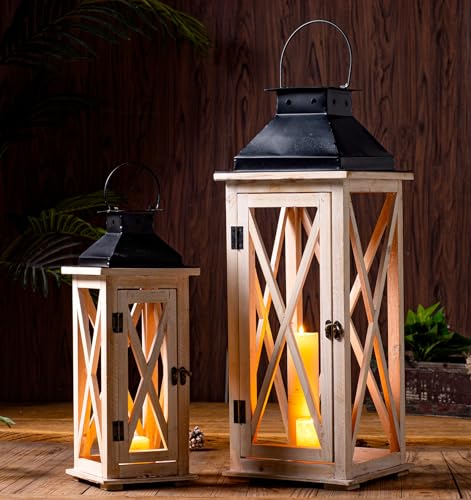 TIMRIS Large Wooden Candle Lanterns Decorative Set of 2, Rustic Farmhouse Whitewash Floor Lanterns, Indoor/Outdoor Hanging Lanterns for Home Decor (No Glass) - color: Whitewash 2