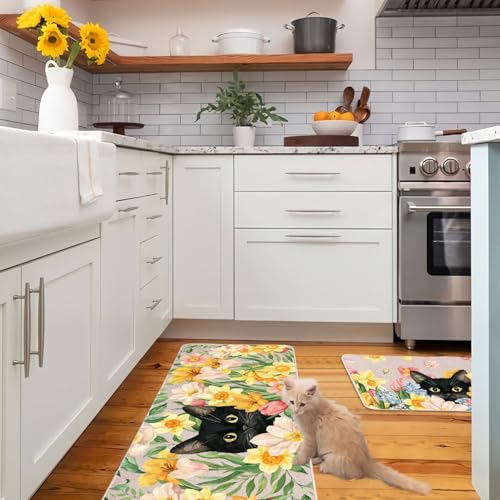 Tulip Black Cat Kitchen Mats Set of 2, Waterproof Non-Slip Kitchen Rugs - color: Tulip Black Cat