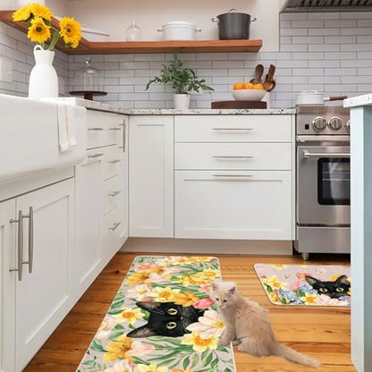 Tulip Black Cat Kitchen Mats Set of 2, Waterproof Non-Slip Kitchen Rugs - color: Tulip Black Cat