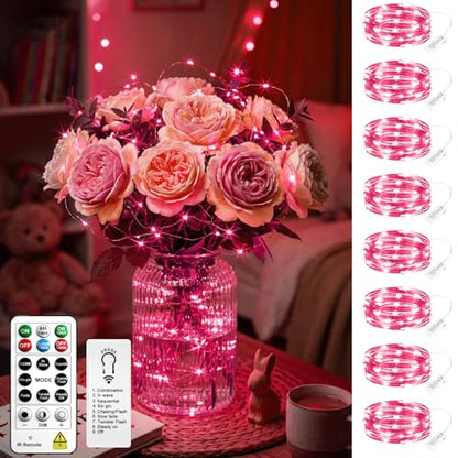 8 Pack Rechargeable LED Fairy Lights 7Ft 20LED Battery Operated - color: Pink