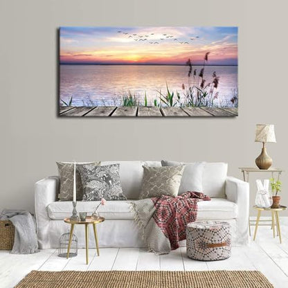 yearainn Sunset Lake Wall Art, Dock Reed Grass Flying Birds, 29" x 58" - color: Sunset Lake, size: 58"L x 29"W
