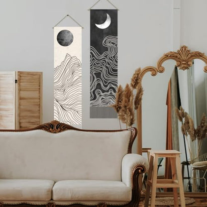 AHANDMAKER 2Pcs Boho Line Sun and Moon Tapestry, Black and White Sun Moon Long Vertical Tapestry Wall Hanging, Minimalist Abstract Tassel Wall Aesthetic Tapestry for Bedroom Living Room, 45.7x13Inch - color: Sun and Moon