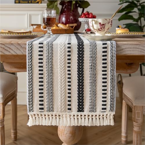 Caflife Black and Beige Woven Rustic Boho Table Runner 90 Inchs Long - color: Black, size: 13x90Inch