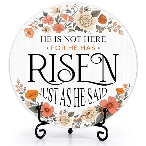 He Is Risen Wood Sign, Happy Easter Decor For Home Office Farmhouse Bedroom Shelf, Spring Floral Table Decoration For Easter Party, Religious Wooden Round Decor Gifts For Women Men Friends -38 - color: He Is Not Here For He Has Risen