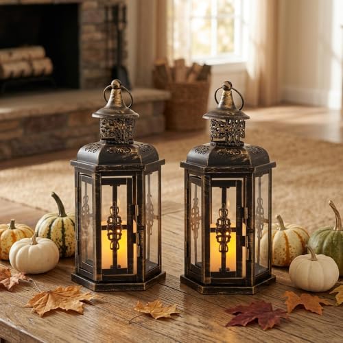 JHY DESIGN Decorative Candle Lanterns Set of 2 10" H Vintage Hanging Lanterns Metal Candleholders for Indoor Outdoor Home Parities and Weddings (Black with Gold Brush) - color: Set of 2 10“h Black