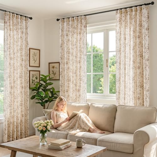 jinchan Custom Size Curtain Taupe Floral Linen Curtain Back Tab 1 Panel - color: Amlie Taupe, size: Custom