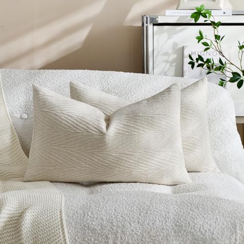 Throw Pillow Covers 12x20 Inch Set of 2, Textured Leaf Style, Beige - color: Beige, size: 20" x 12" (Pack of 2)