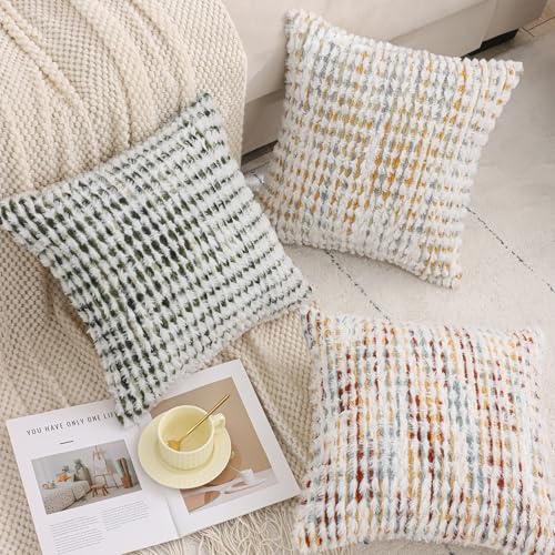 LUOYEHK Boho Throw Pillow Covers 16x16 Inch Set of 2 Chenille Tufted Pillowcase Farmhouse Neutral Cushion Covers for Couch Sofa Bed Living Room, Green White - color: Green White, size: 16" x 16" (Pack of 2)