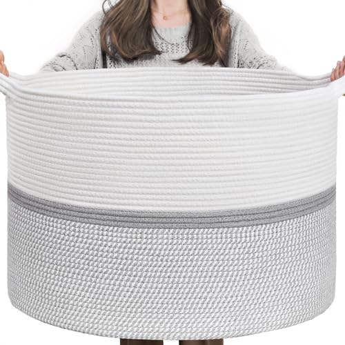 CHICVITA 85L Large Cotton Rope Blanket Basket with Handles, Grey - color: Gray