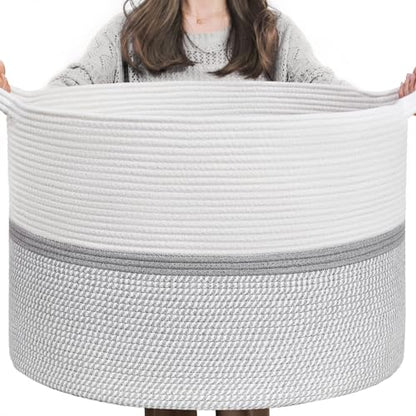 CHICVITA 85L Large Cotton Rope Blanket Basket with Handles, Grey - color: Gray