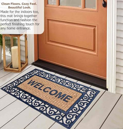 Gardenised Natural Coir and Non-Slip Rubber Doormat with Embossed Welcome Design Coconut Fiber Floor Mat for Front Door Porch Patio Entryway Garage Mudroom & Use 18x30, Warm Welcome