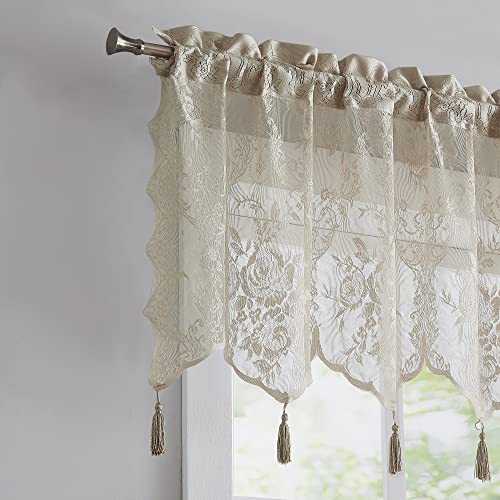LinenZone 54x22 Linen Sheer Lace Valance with 6 Tassels. (Luna 54x22,Linen) - color: Linen, size: 54"W x 22"L (Pack of 1)