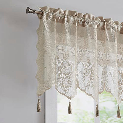 LinenZone 54x22 Linen Sheer Lace Valance with 6 Tassels. (Luna 54x22,Linen) - color: Linen, size: 54"W x 22"L (Pack of 1)