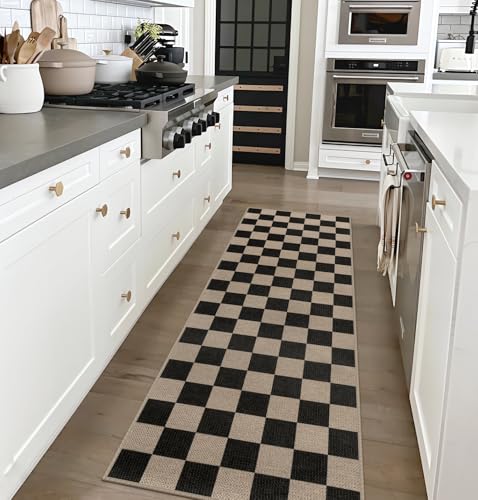 Rugalia Easy Jute Checkered Runner Rug, 2x6 Black Modern Washable Rugs Runner for Hallway Non-Slip Kitchen Runner Rug, Farmhouse Checkerboard Indoor Outdoor Carpet for Porch Laundry Entryway - color: Black Checkered, size: 2' x 6' (Runner)