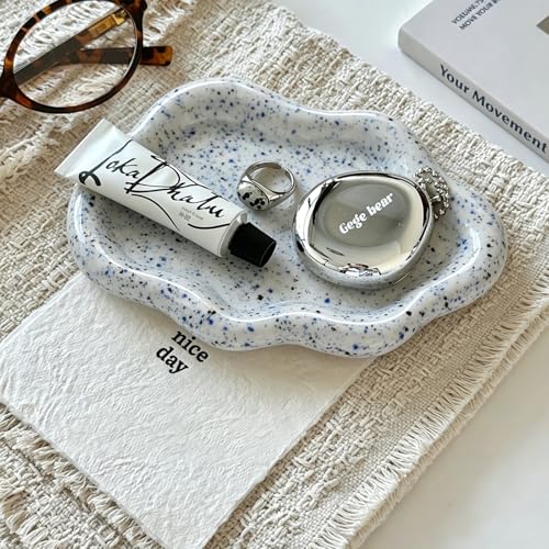 Jewelry Dish Trinket Tray for Women, Ring Dish Holder, Unique Cloud Shape Ceramic Plate Cute Things Vanity Aesthetic Room Decor Mother's Day Birthday (Marble Blue) - color: Marble Blue