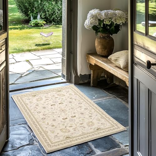 EverGrace Area Rugs for Entryway 2x3, Boho Floral Faux Wool Indoor Outdoor Small Rugs, Washable Rugs for Bedroom Bathroom Laundry Doormat, Low Pile Floor Mat Carpet for Home Decor, Natural Beige - color: Natural Beige Multi, size: 2'x3'