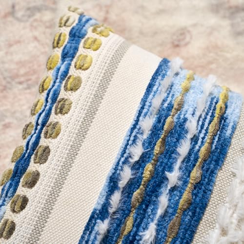 Aeckself Boho Chenille Tufted Throw Pillow Covers 18x18 Inch Set of 2, Farmhouse Decorative Striped Square Pillow Covers Accent Neutral Pillowcase for Living Room Couch Bed, Blue - color: Blue White