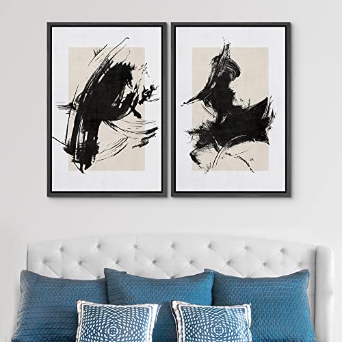 SIGNWIN Framed Canvas Print Wall Art Set Black Ink Paint Stroke & Brown Square Abstract Geometric Illustrations Graffiti & Street Art Modern Art for Living Room, Bedroom, Office - 16"x24"x2 Black - color: Ae16-2210-irs68, size: 16"x24"x2 Panels Black