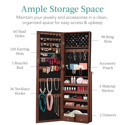 Best Choice Products Freestanding Jewelry Armoire Cabinet, Full Length Standing Mirror, Lockable Makeup Storage Organizer, w/Velvet Lining, 3 Angles, Lock, Accessory Pouch, 5 Shelves - Walnut - color: Walnut