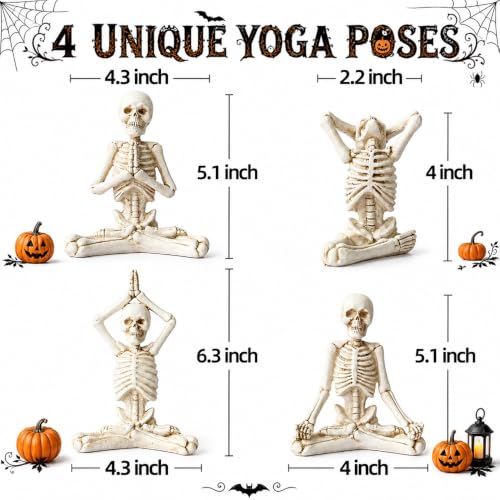 Halloween Yoga Skeletons Statue Set of 4 Skull Figurines Decorations Decor - color: White