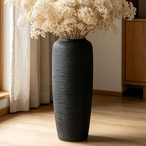 Black Rustic Ceramic Floor Vase, 19.7 Inch, Ribbed Texture - size: 19.7 Inch