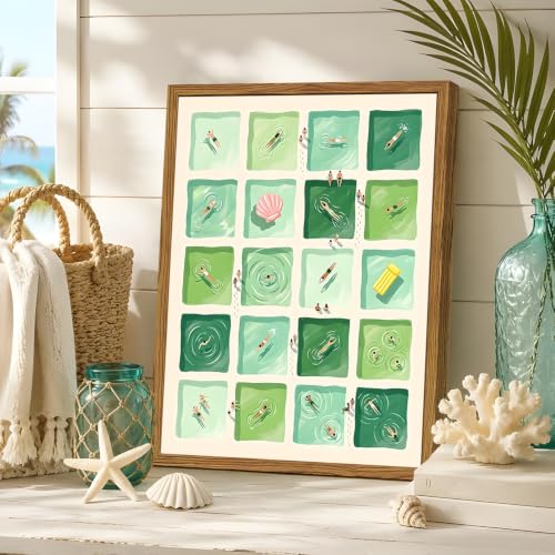 Framed Green Swimming Pool Wall Art, Mid Century Modern Summer Tiny Swimmers Pictures Wall Decor, Minimalist Coastal Paintings Canvas Prints Beachy Home Decor for Living Room Bathroom 12x16 inch - color: Green Pool, size: 16"L x 12"W