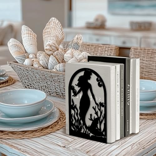 Peacoblue 5.3"x4.3"x7.9" Metal Bookends, Heavy Duty Book Ends for Shelves - style: Mermaid