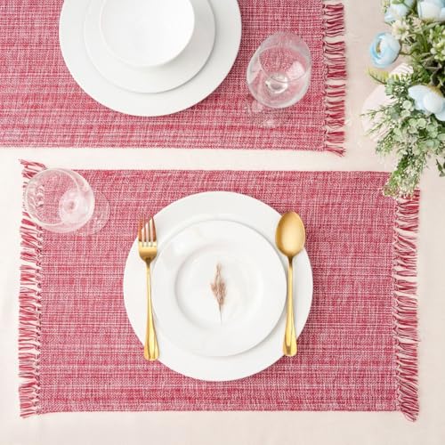Cotton Placemats Set of 6-13x19 Inch, Woven Chambray Place Mats, Durable & Elegant for Dining Table, Wedding, Restaurant, Machine Washable, Oeko-TEX Certified -Winery/Red - color: Winery Red - Chambrey