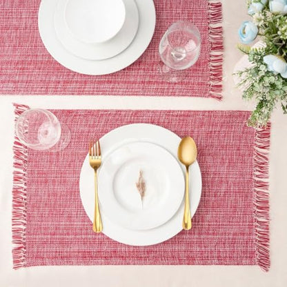 Cotton Placemats Set of 6-13x19 Inch, Woven Chambray Place Mats, Durable & Elegant for Dining Table, Wedding, Restaurant, Machine Washable, Oeko-TEX Certified -Winery/Red - color: Winery Red - Chambrey