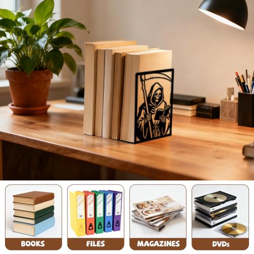 Peacoblue 5.3"x4.3"x7.9" Metal Bookends, Heavy Duty Book Ends for Shelves - style: Grim Reaper Reading Book with Sickle