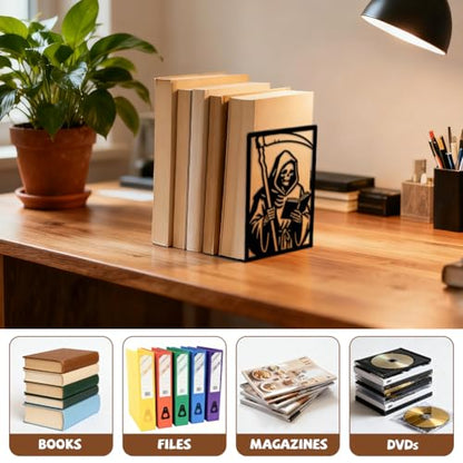 Peacoblue 5.3"x4.3"x7.9" Metal Bookends, Heavy Duty Book Ends for Shelves - style: Grim Reaper Reading Book with Sickle
