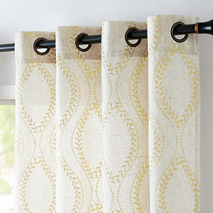 jinchan Boho Linen Curtains 63 Inch Gold on Beige Grommet 2 Panels - color: Vine Gold, size: 50"W x 96"L (Pack of 2)