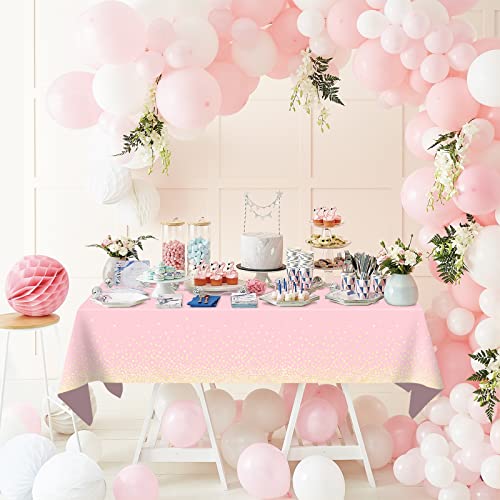 Mulbozy 2 Pcs Pink Tablecloth 54"×108" Gold Dot Pink Table Cloth, Pink Disposable Plastic Tablecover for Birthday, Baby Shower, Picnic, Camping, Event & Parties… - color: Gold Dot-pink, size: 54" X 108" Rectangle