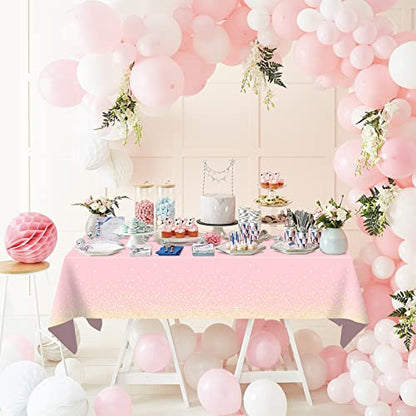 Mulbozy 2 Pcs Pink Tablecloth 54"×108" Gold Dot Pink Table Cloth, Pink Disposable Plastic Tablecover for Birthday, Baby Shower, Picnic, Camping, Event & Parties… - color: Gold Dot-pink, size: 54" X 108" Rectangle