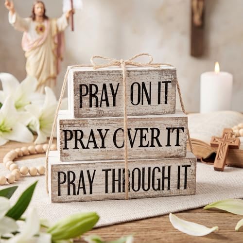 Yuntau 4 Pcs Christian Wooden Block Sign Pray Verse Tiered Tray Decor - style: Pray
