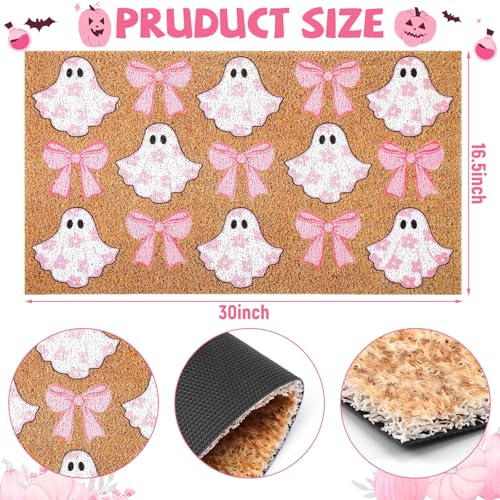 Dunzy Halloween Welcome Mat Pink Ghost Door Mat Bow Floral Halloween Rug - style: Flower Bow Ghost