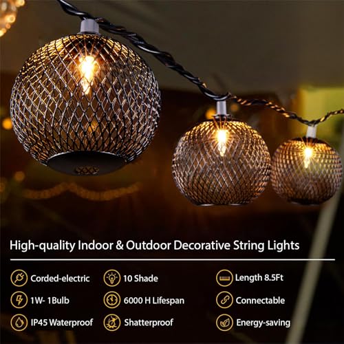 Decorative Lantern String Lights Plug in with 10 Black Metal Ball, Connectable Waterproof Outdoor Decorative String Lights Indoor for Bedroom Patio Pergola Festive Decor