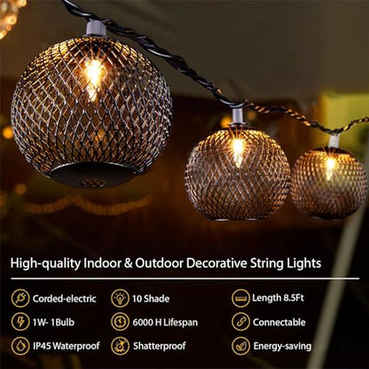 Decorative Lantern String Lights Plug in with 10 Black Metal Ball, Connectable Waterproof Outdoor Decorative String Lights Indoor for Bedroom Patio Pergola Festive Decor