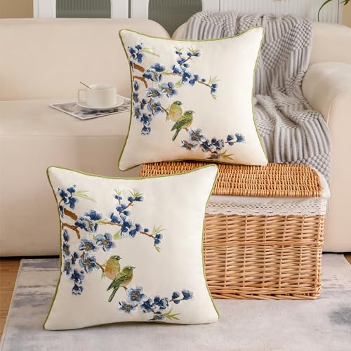 Holibeat Embroidered Flower Birds Throw Pillow Covers Spring Decorative Flower Pillowcases (Whiteblue, 18" x 18" (Pack of 2)) - color: Whiteblue, size: 18" x 18" (Pack of 2)