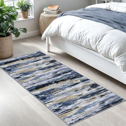 Abstract 2x5 Rug Washable Hallway Runner Non Slip Kitchen Runner | Navy Blue Multi;Thin Printed Faux Wool Entryway Runner;5ft Carpet Runners;Non Skid Runners for Bedroom,Laundry Room - color: Navy / Blue / Taupe, size: 2' x 5' (Runner)