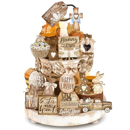 Amyhill 24 Pcs Easter Tiered Tray Decor Bunny Carrot Farmhouse Easter Decorations Spring Wooden Signs Happy Tiered Tray Decor for Home Kitchen Coffee Bar Table Shelf - style: Retro Easter