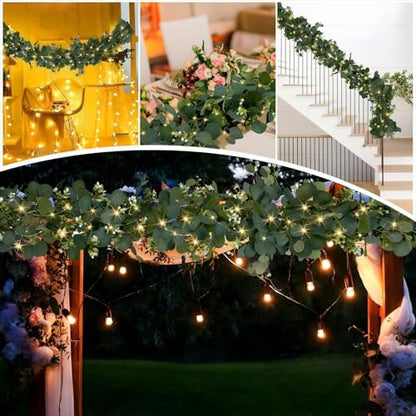 Eucalyptus Garland with Lights, 2 Packs 6FT Artificial Lighted Garland, Spring Summer Green Faux Garlands for Indoor Outdoor Home Decor Table Runner Wedding Arches Centerpieces Backdrops Decor