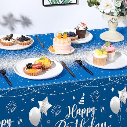 Tudomro 3 Pcs Plastic Happy Birthday Party Tablecloths,Blue Silver - color: Blue Silver