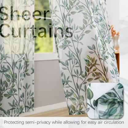 Green Leaves Sheer Curtains for Living Room 63 Inch Length 2 Panels - color: Leaf | Green, size: 50"W x 63"L (Pack of 2)